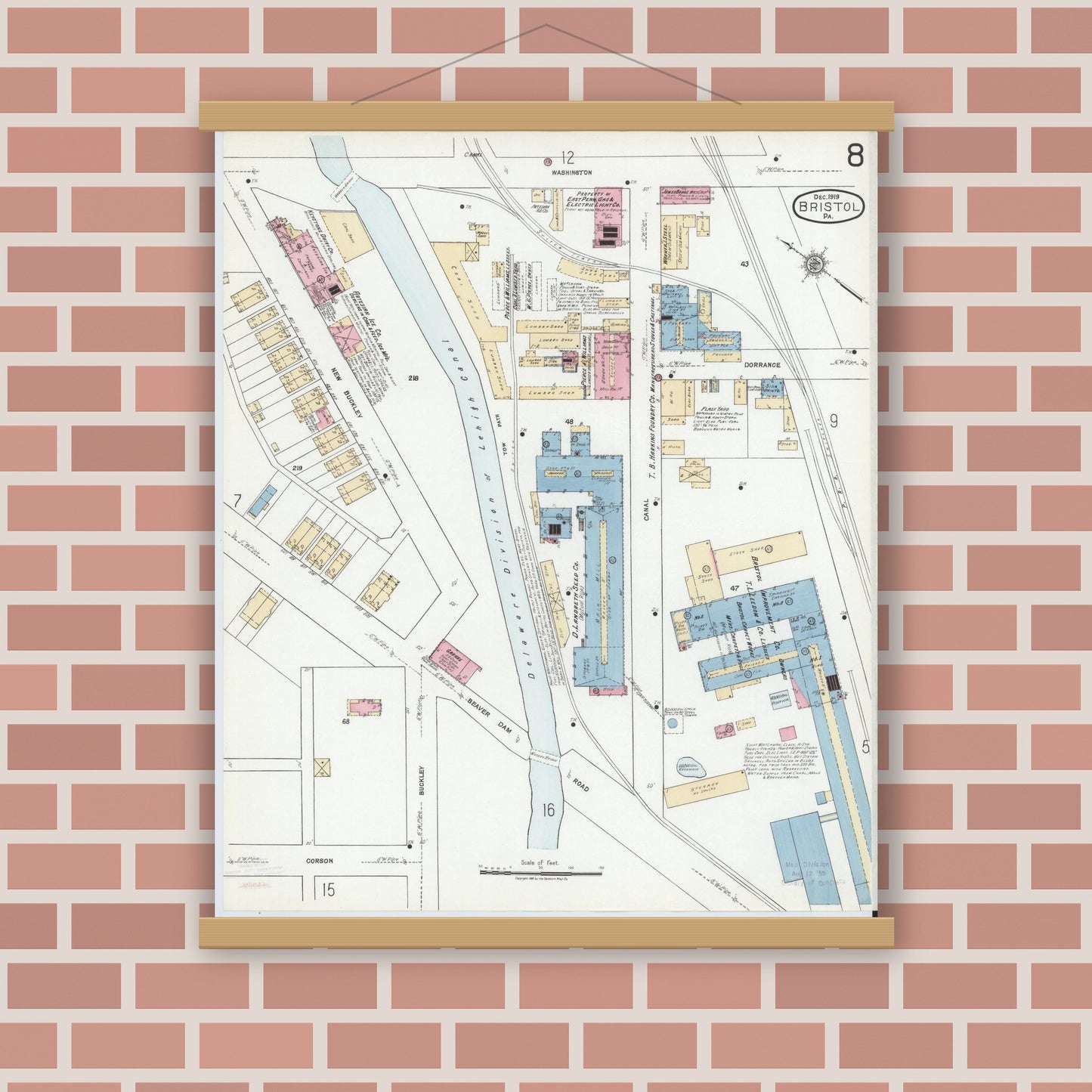 Old map wall art mockup — magnetic wood frame on brick wall — Sanborn Fire Insurance Map from Bristol, Bucks County, Pennsylvania (1927), Sheet #0008