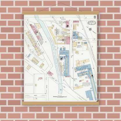 Old map wall art mockup — magnetic wood frame on brick wall — Sanborn Fire Insurance Map from Bristol, Bucks County, Pennsylvania (1927), Sheet #0008