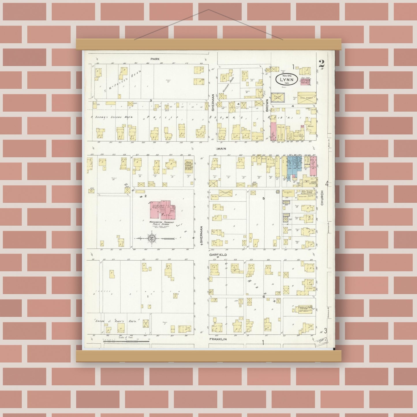Old map wall art mockup — magnetic wood frame on brick wall — Sanborn Fire Insurance Map from Lynn, Randolph County, Indiana (1912), Sheet #0002