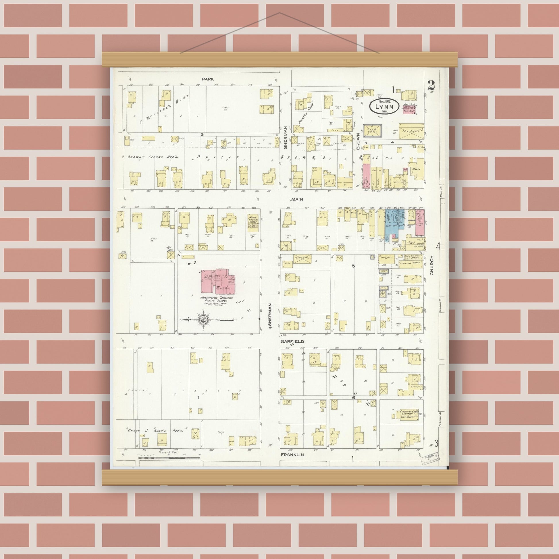 Old map wall art mockup — magnetic wood frame on brick wall — Sanborn Fire Insurance Map from Lynn, Randolph County, Indiana (1912), Sheet #0002