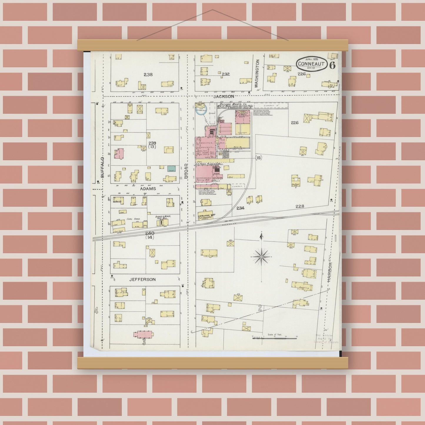 Old map wall art mockup — magnetic wood frame on brick wall — Sanborn Fire Insurance Map from Conneaut, Ashtabula County, Ohio (1893), Sheet #0006
