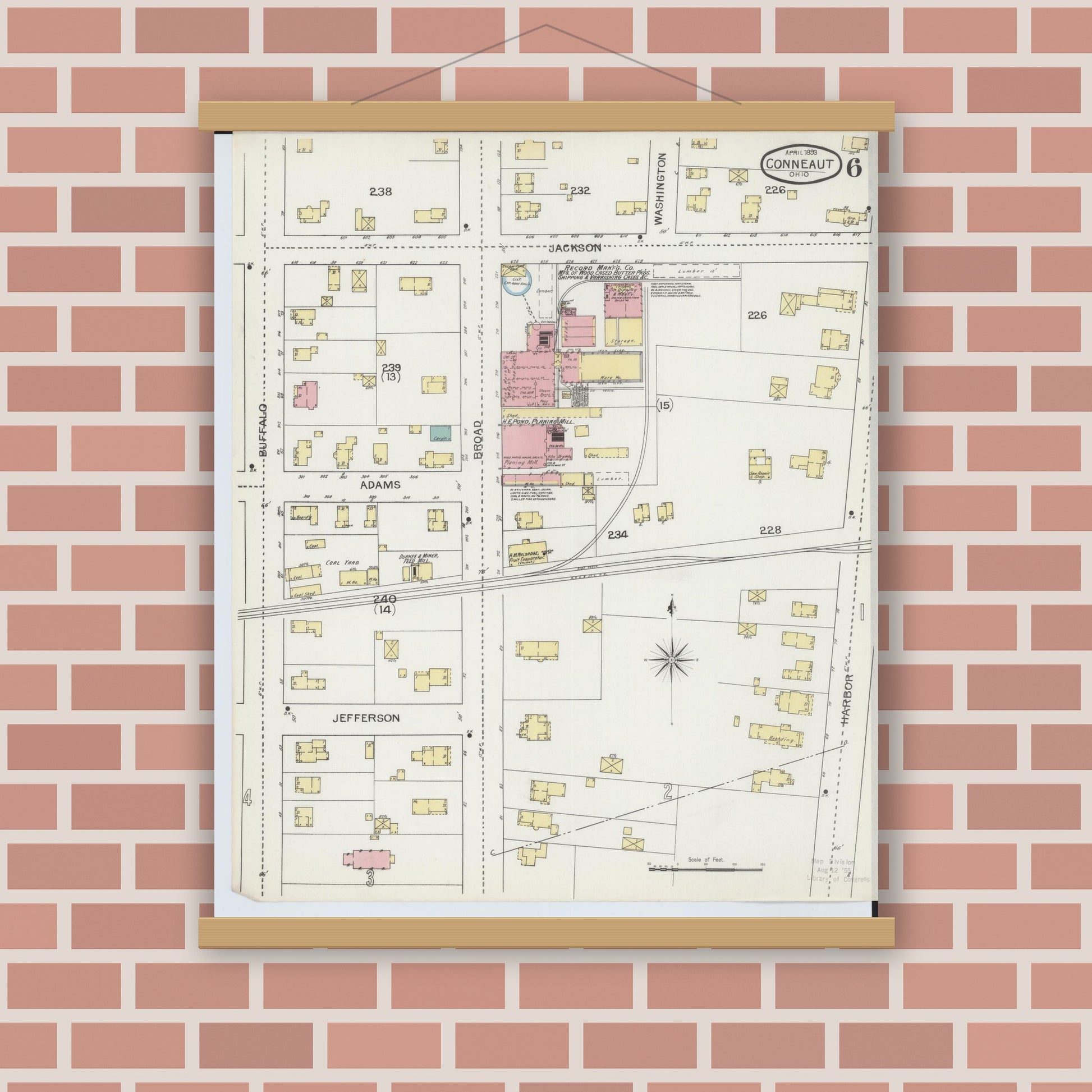 Old map wall art mockup — magnetic wood frame on brick wall — Sanborn Fire Insurance Map from Conneaut, Ashtabula County, Ohio (1893), Sheet #0006