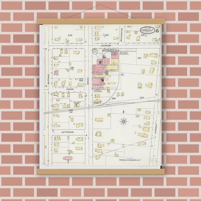 Old map wall art mockup — magnetic wood frame on brick wall — Sanborn Fire Insurance Map from Conneaut, Ashtabula County, Ohio (1893), Sheet #0006