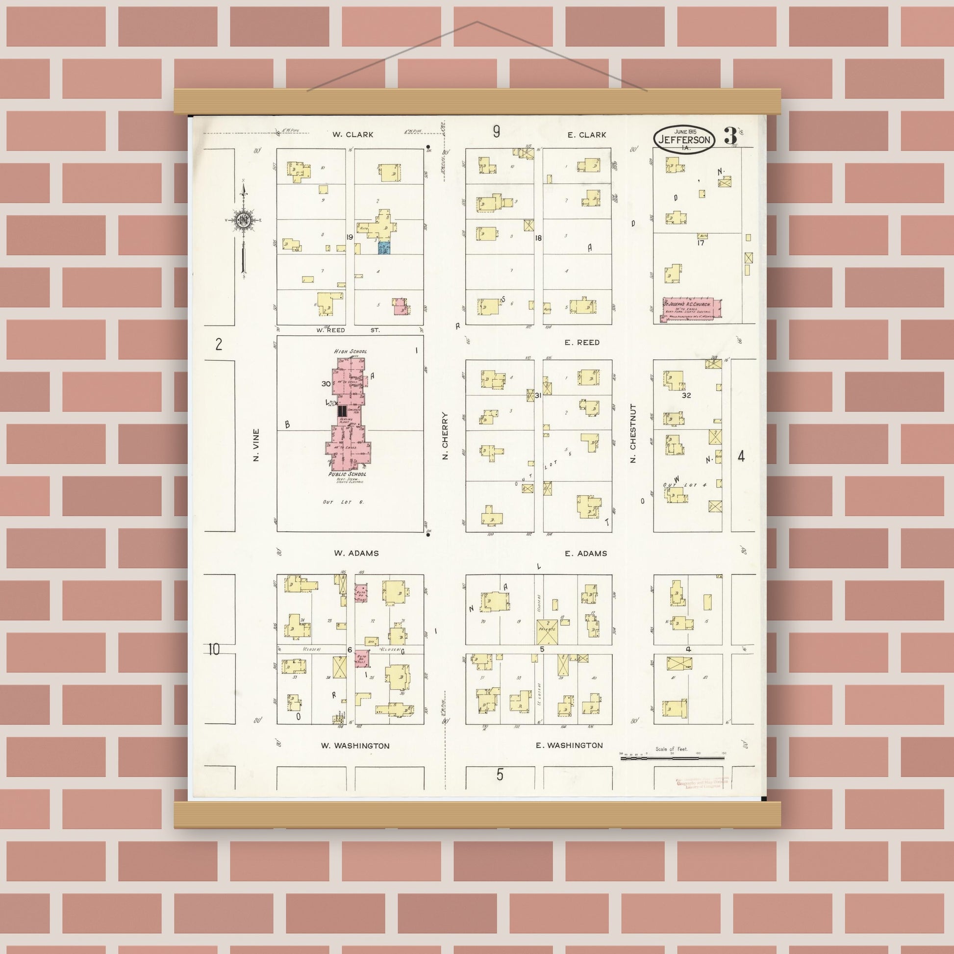 Old map wall art mockup — magnetic wood frame on brick wall — Sanborn Fire Insurance Map from Jefferson, Greene County, Iowa (1915), Sheet #0003
