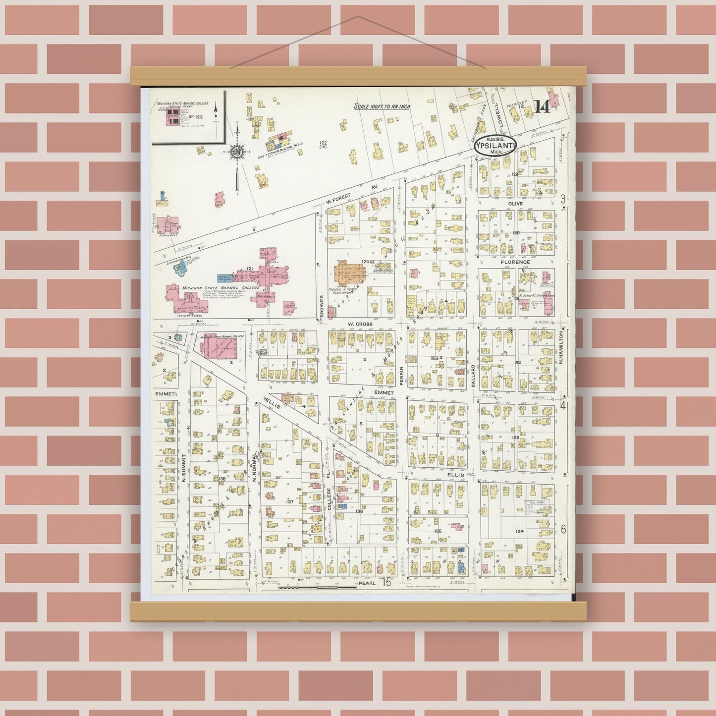 Old map wall art mockup — magnetic wood frame on brick wall — Sanborn Fire Insurance Map from Ypsilanti, Washtenaw County, Michigan (1916), Sheet #0014