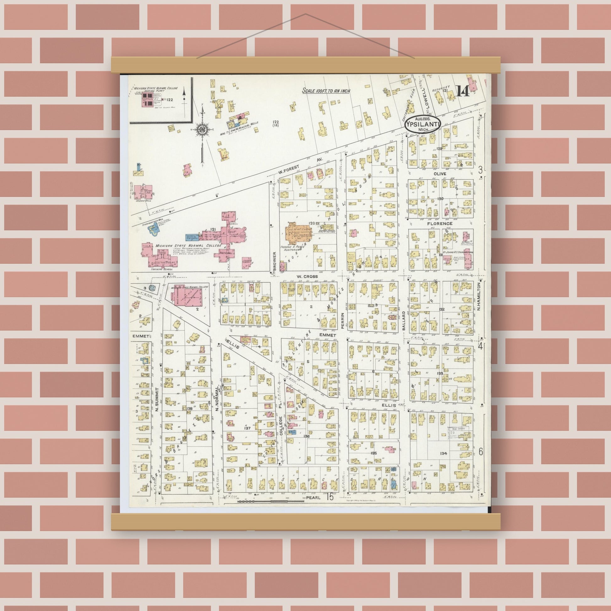 Old map wall art mockup — magnetic wood frame on brick wall — Sanborn Fire Insurance Map from Ypsilanti, Washtenaw County, Michigan (1916), Sheet #0014