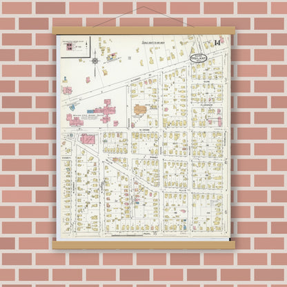 Old map wall art mockup — magnetic wood frame on brick wall — Sanborn Fire Insurance Map from Ypsilanti, Washtenaw County, Michigan (1916), Sheet #0014