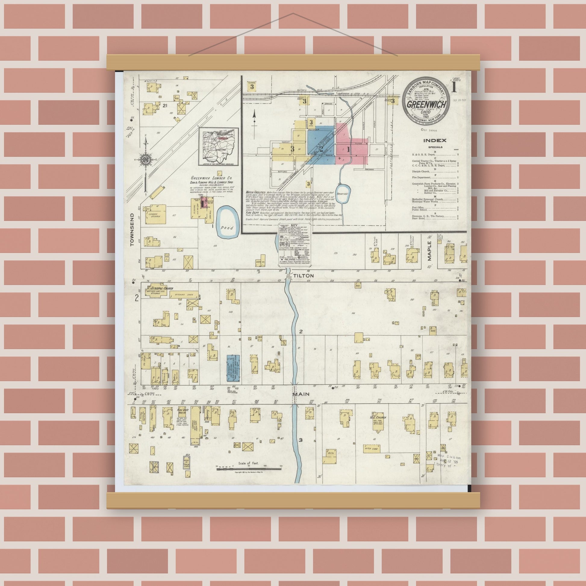 Old map wall art mockup — magnetic wood frame on brick wall — Sanborn Fire Insurance Map from Greenwich, Huron County, Ohio (1921), Sheet #0001
