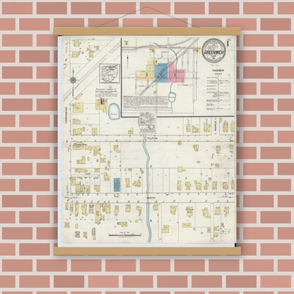 Old map wall art mockup — magnetic wood frame on brick wall — Sanborn Fire Insurance Map from Greenwich, Huron County, Ohio (1921), Sheet #0001