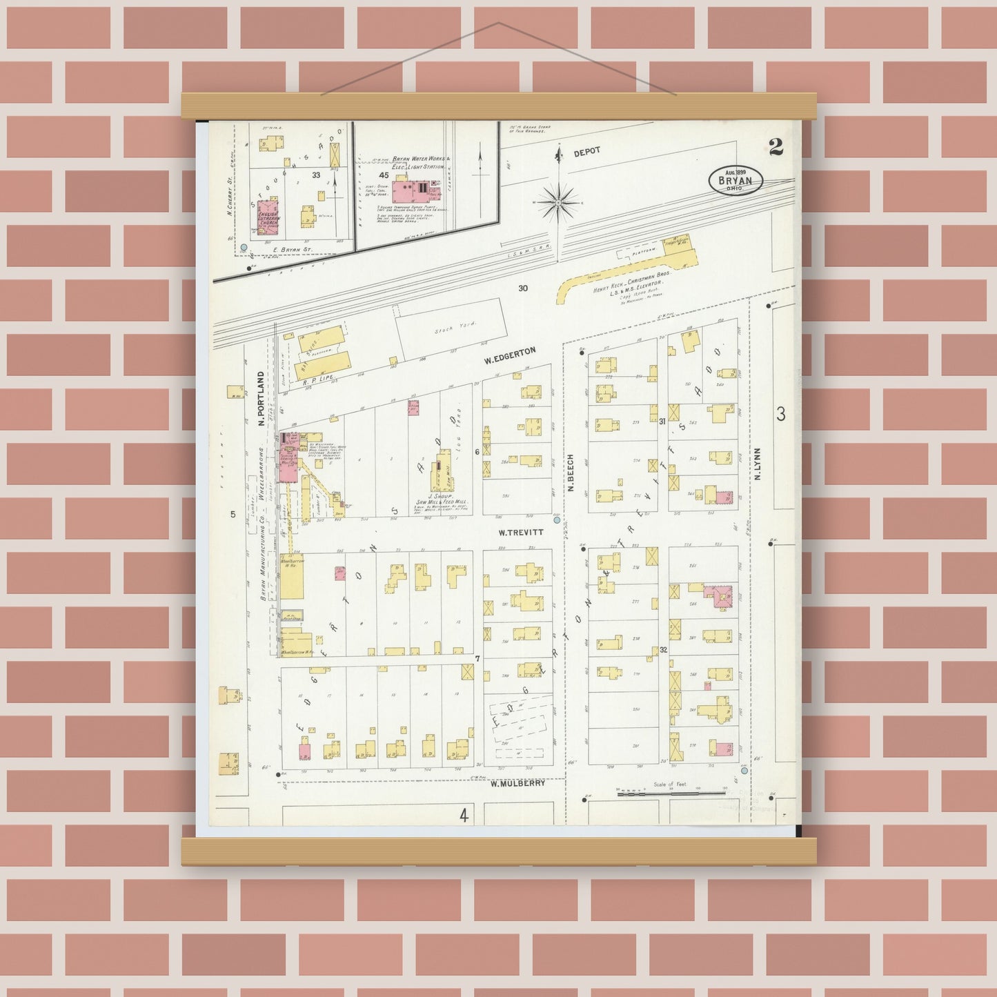 Old map wall art mockup — magnetic wood frame on brick wall — Sanborn Fire Insurance Map from Bryan, Williams County, Ohio (1899), Sheet #0002