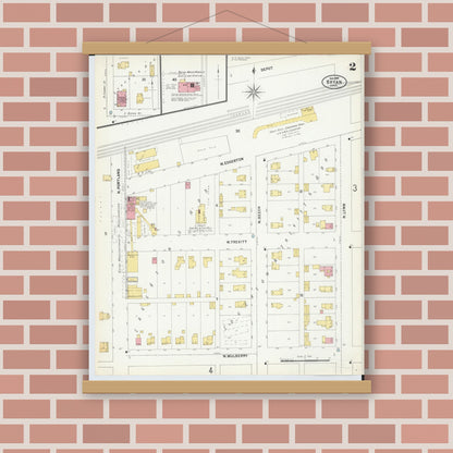 Old map wall art mockup — magnetic wood frame on brick wall — Sanborn Fire Insurance Map from Bryan, Williams County, Ohio (1899), Sheet #0002