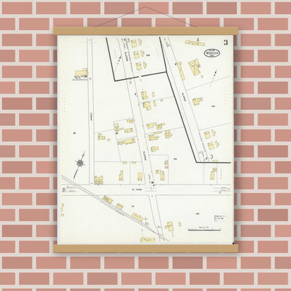 Old map wall art mockup — magnetic wood frame on brick wall — Sanborn Fire Insurance Map from Webster, Worcester County, Massachusetts (1911), Sheet #0003