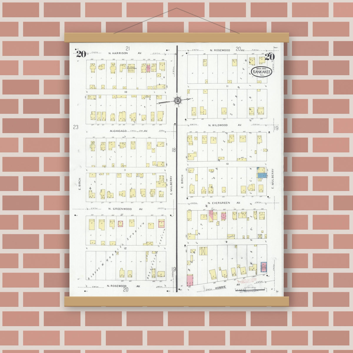 Old map wall art mockup — magnetic wood frame on brick wall — Sanborn Fire Insurance Map from Kankakee, Kankakee County, Illinois (1930), Sheet #0020