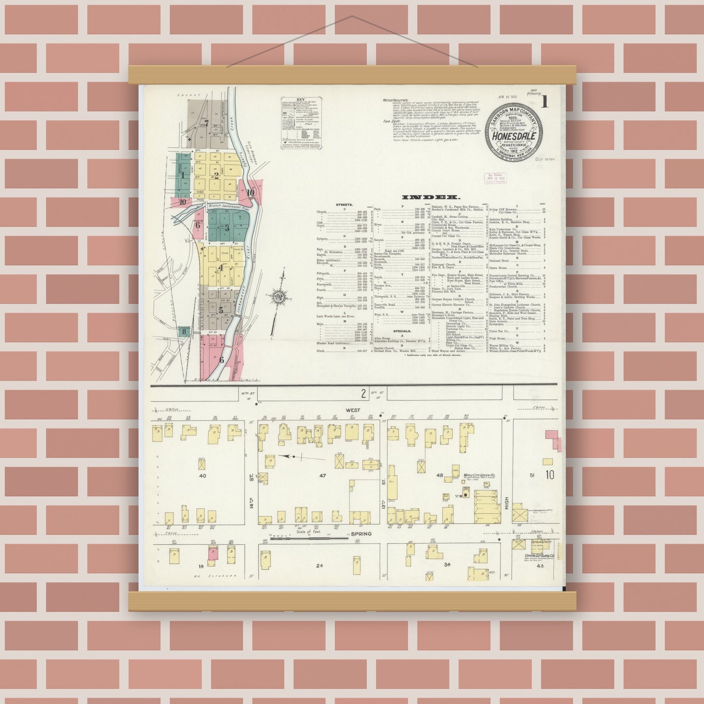 Old map wall art mockup — magnetic wood frame on brick wall — Sanborn Fire Insurance Map from Honesdale, Wayne County, Pennsylvania (1912) - Complete Map Set