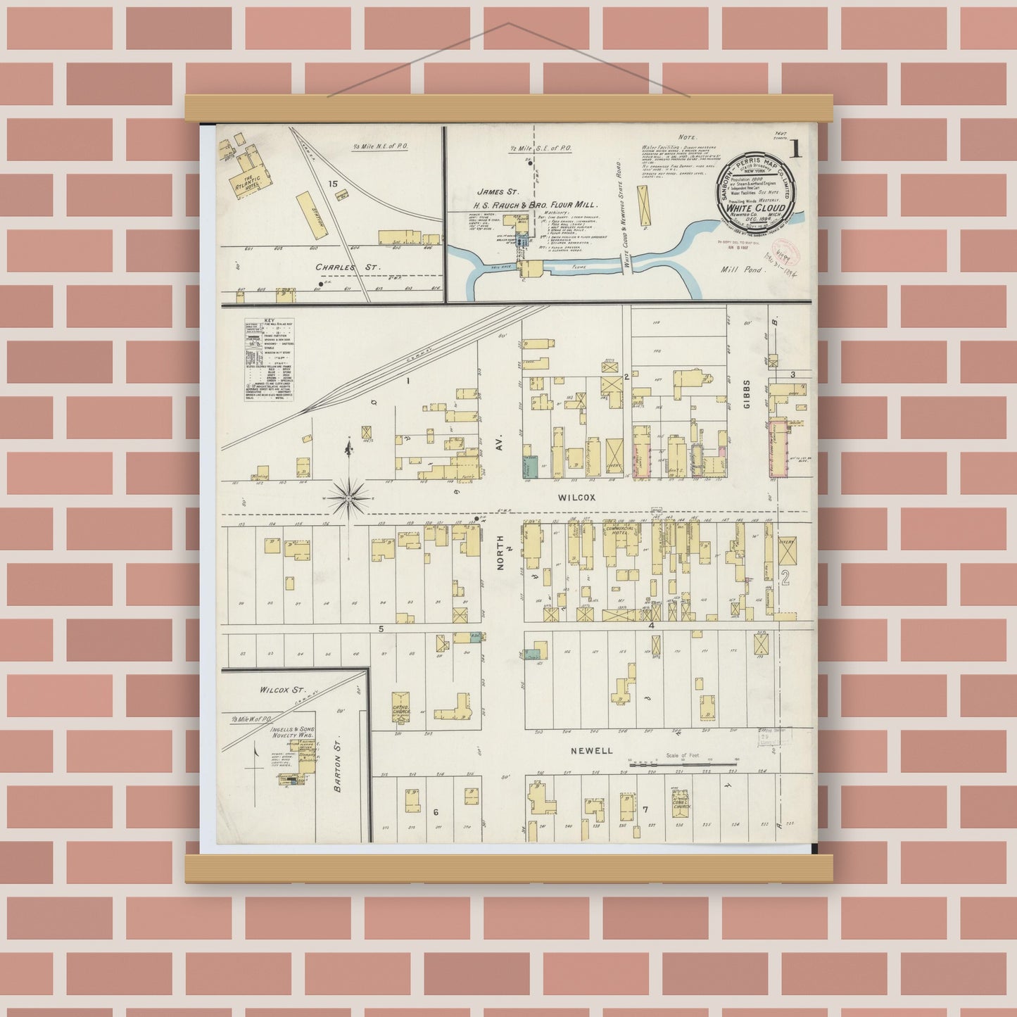 Old map wall art mockup — magnetic wood frame on brick wall — Sanborn Fire Insurance Map from White Cloud, Newaygo County, Michigan (1894), Sheet #0001