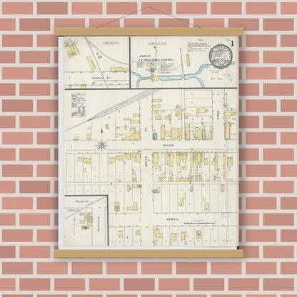 Old map wall art mockup — magnetic wood frame on brick wall — Sanborn Fire Insurance Map from White Cloud, Newaygo County, Michigan (1894), Sheet #0001