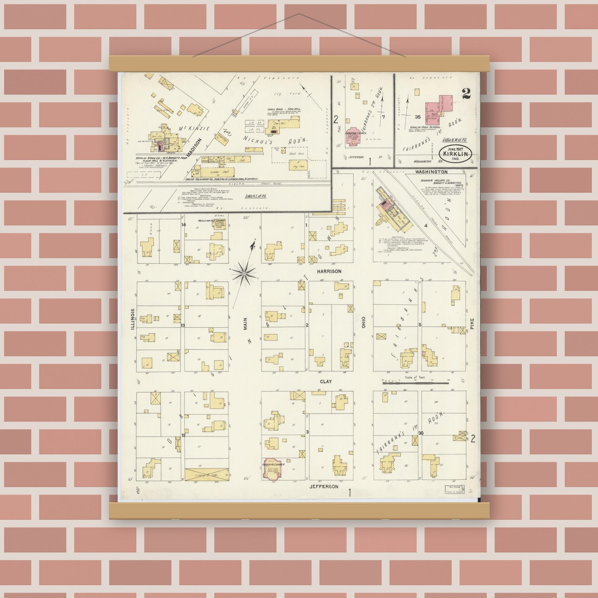 Old map wall art mockup — magnetic wood frame on brick wall — Sanborn Fire Insurance Map from Kirklin, Clinton County, Indiana (1907), Sheet #0002