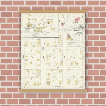 Old map wall art mockup — magnetic wood frame on brick wall — Sanborn Fire Insurance Map from Kirklin, Clinton County, Indiana (1907), Sheet #0002