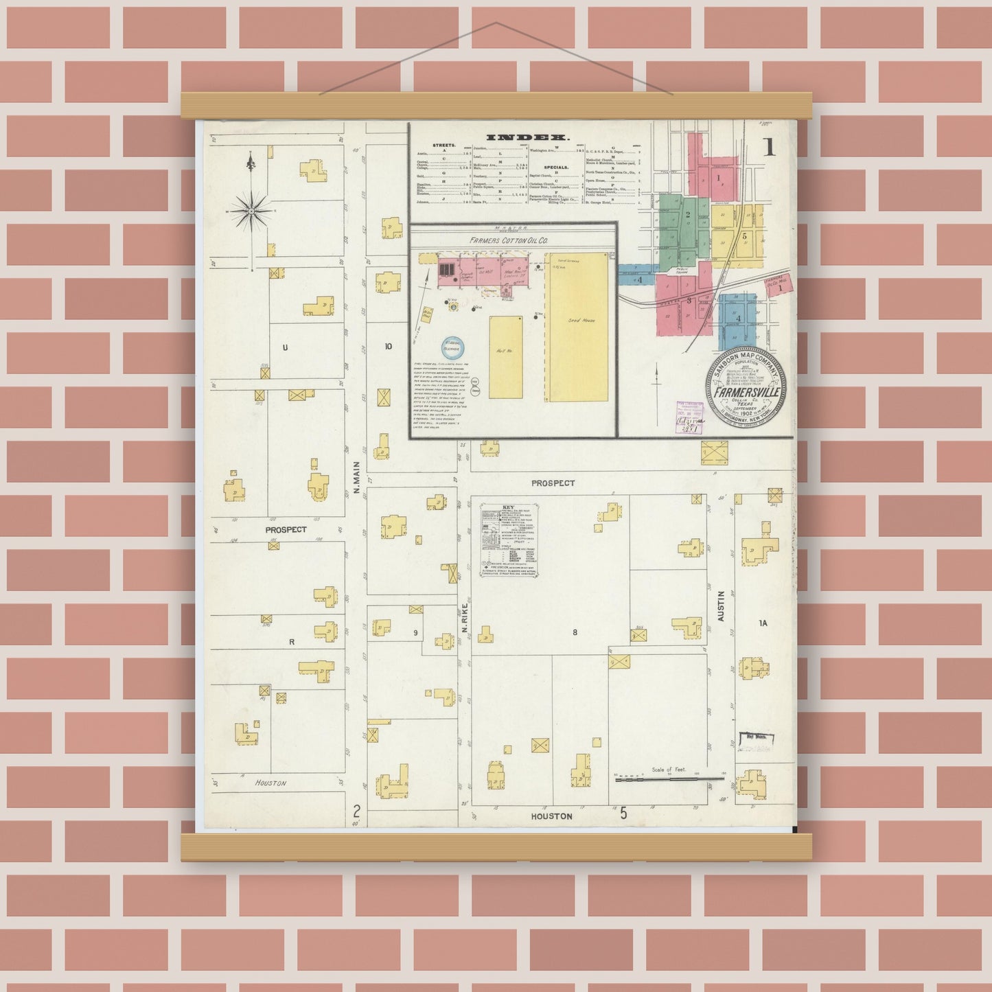 Old map wall art mockup — magnetic wood frame on brick wall — Sanborn Fire Insurance Map from Farmersville, Collin County, Texas (1902) - Complete Map Set