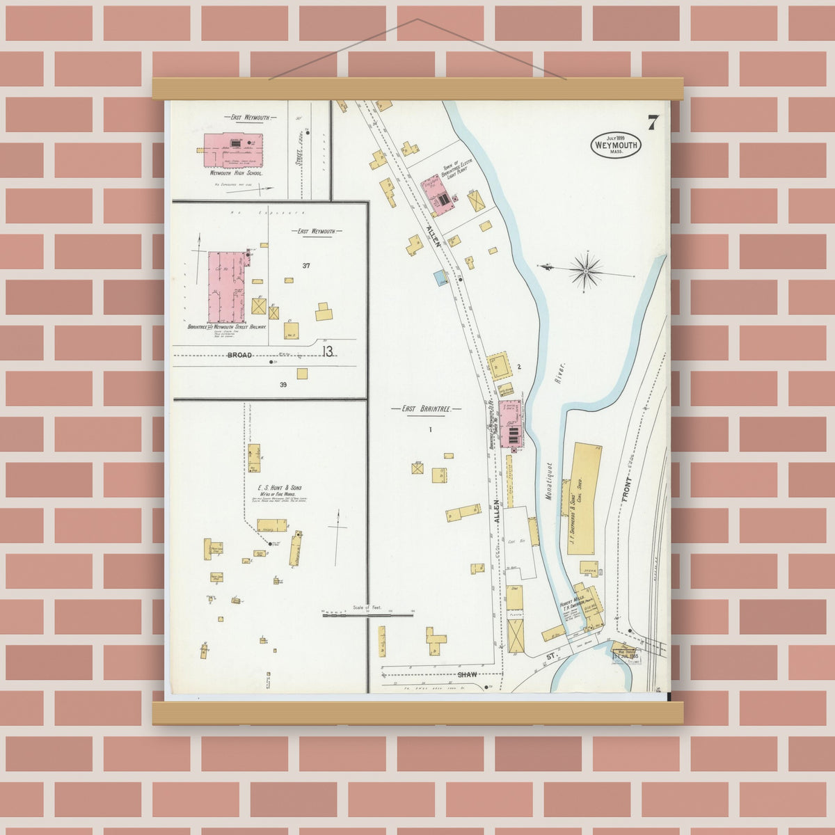 Old map wall art mockup — magnetic wood frame on brick wall — Sanborn Fire Insurance Map from Weymouth, Norfolk County, Massachusetts (1899), Sheet #0007