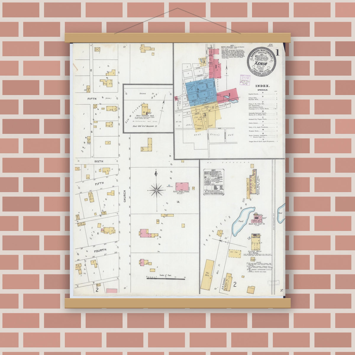 Old map wall art mockup — magnetic wood frame on brick wall — Sanborn Fire Insurance Map from Xenia, Clay County, Illinois (1906) - Complete Map Set