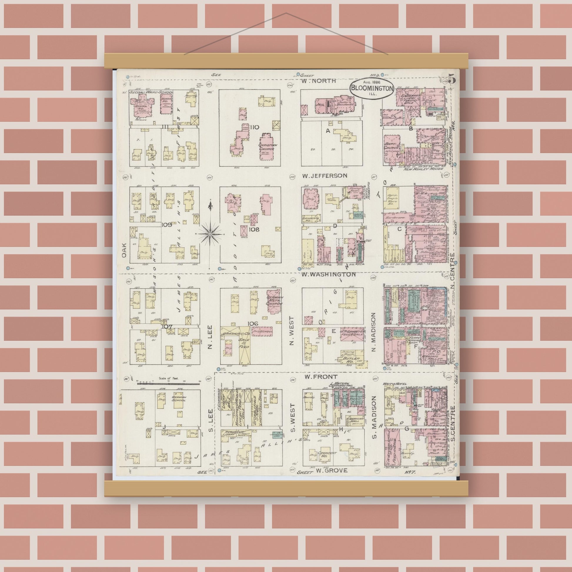 Old map wall art mockup — magnetic wood frame on brick wall — Sanborn Fire Insurance Map from Bloomington, McLean County, Illinois (1886), Sheet #0005