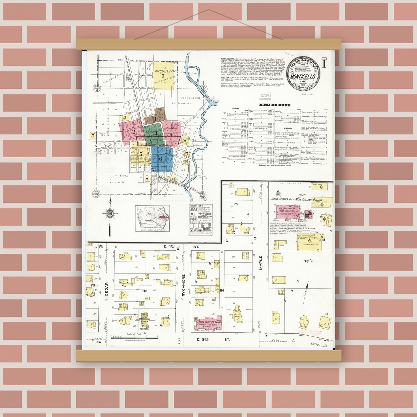 Old map wall art mockup — magnetic wood frame on brick wall — Sanborn Fire Insurance Map from Monticello, Jones County, Iowa (1921) â€” Complete Set