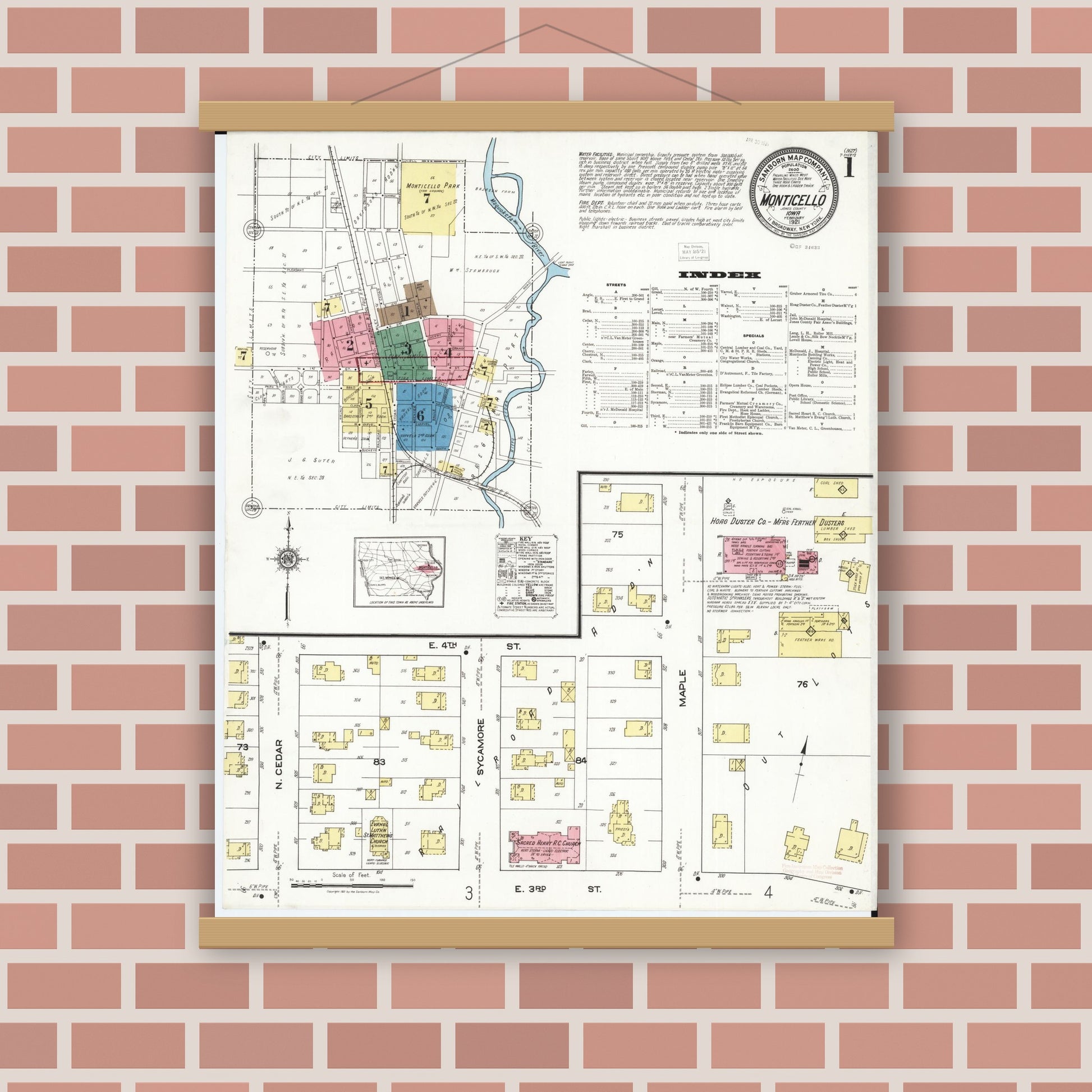 Old map wall art mockup — magnetic wood frame on brick wall — Sanborn Fire Insurance Map from Monticello, Jones County, Iowa (1921) â€” Complete Set