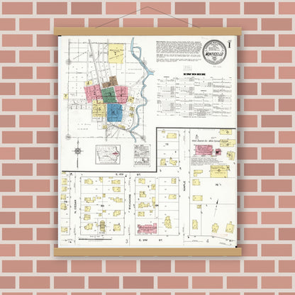 Old map wall art mockup — magnetic wood frame on brick wall — Sanborn Fire Insurance Map from Monticello, Jones County, Iowa (1921) â€” Complete Set