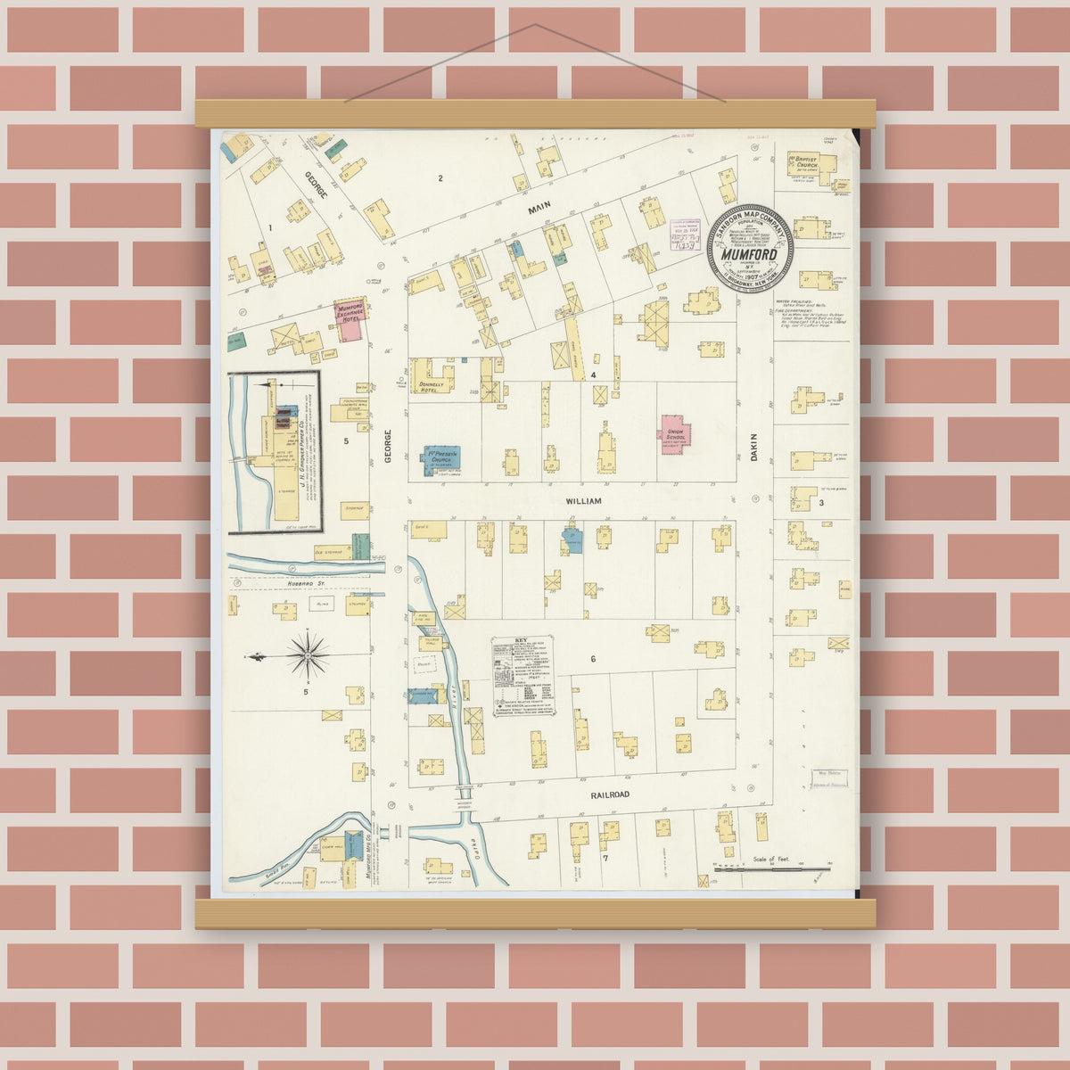 Old map wall art mockup — magnetic wood frame on brick wall — Sanborn Fire Insurance Map from Mumford, Monroe County, New York (1907), Sheet #0001