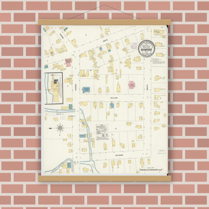 Old map wall art mockup — magnetic wood frame on brick wall — Sanborn Fire Insurance Map from Mumford, Monroe County, New York (1907), Sheet #0001
