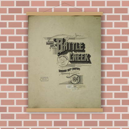 Old map wall art mockup — magnetic wood frame on brick wall — Sanborn Fire Insurance Map from Battle Creek, Calhoun County, Michigan (1950), Sheet #0001