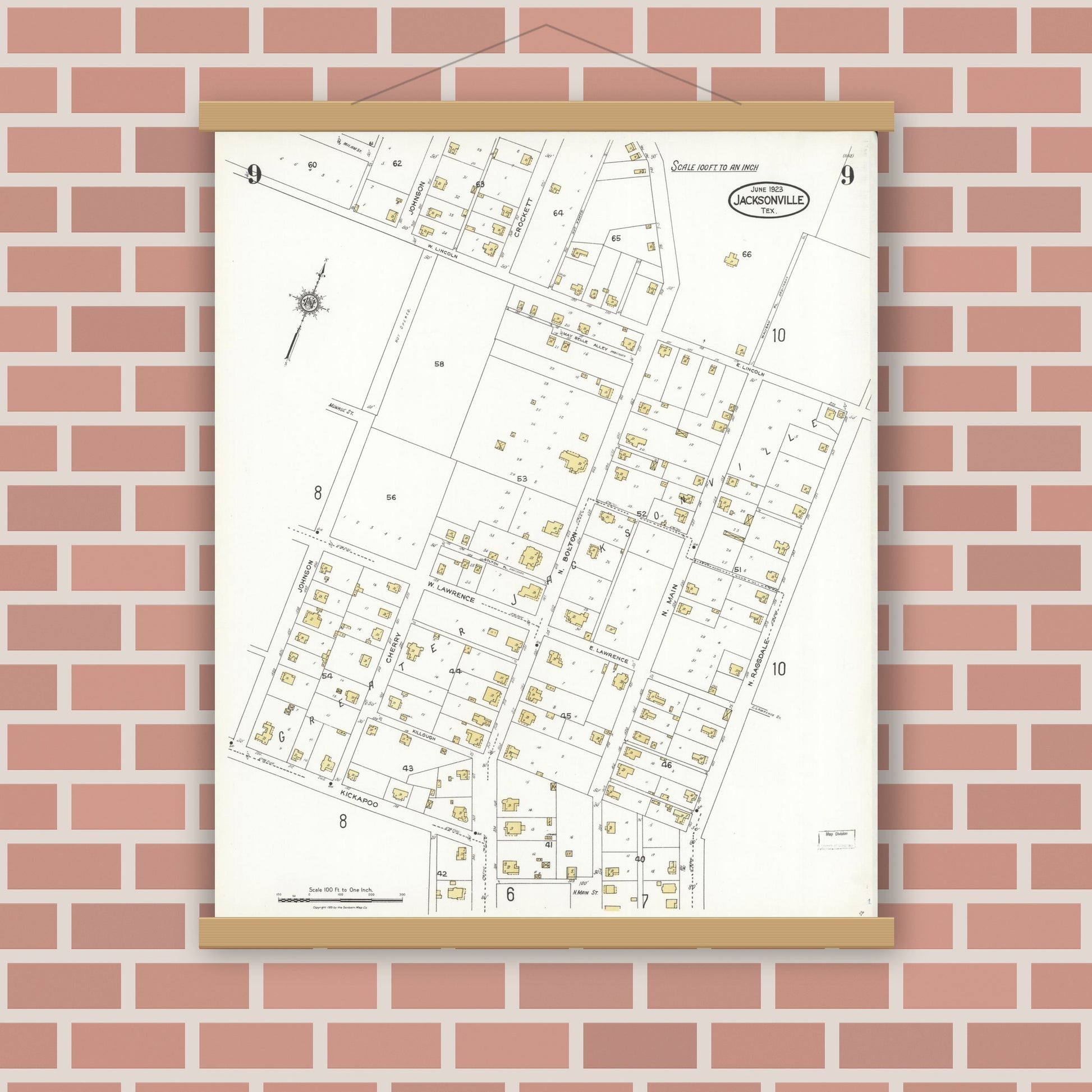 Old map wall art mockup — magnetic wood frame on brick wall — Sanborn Fire Insurance Map from Jacksonville, Cherokee County, Texas (1923), Sheet #0009