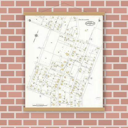 Old map wall art mockup — magnetic wood frame on brick wall — Sanborn Fire Insurance Map from Jacksonville, Cherokee County, Texas (1923), Sheet #0009