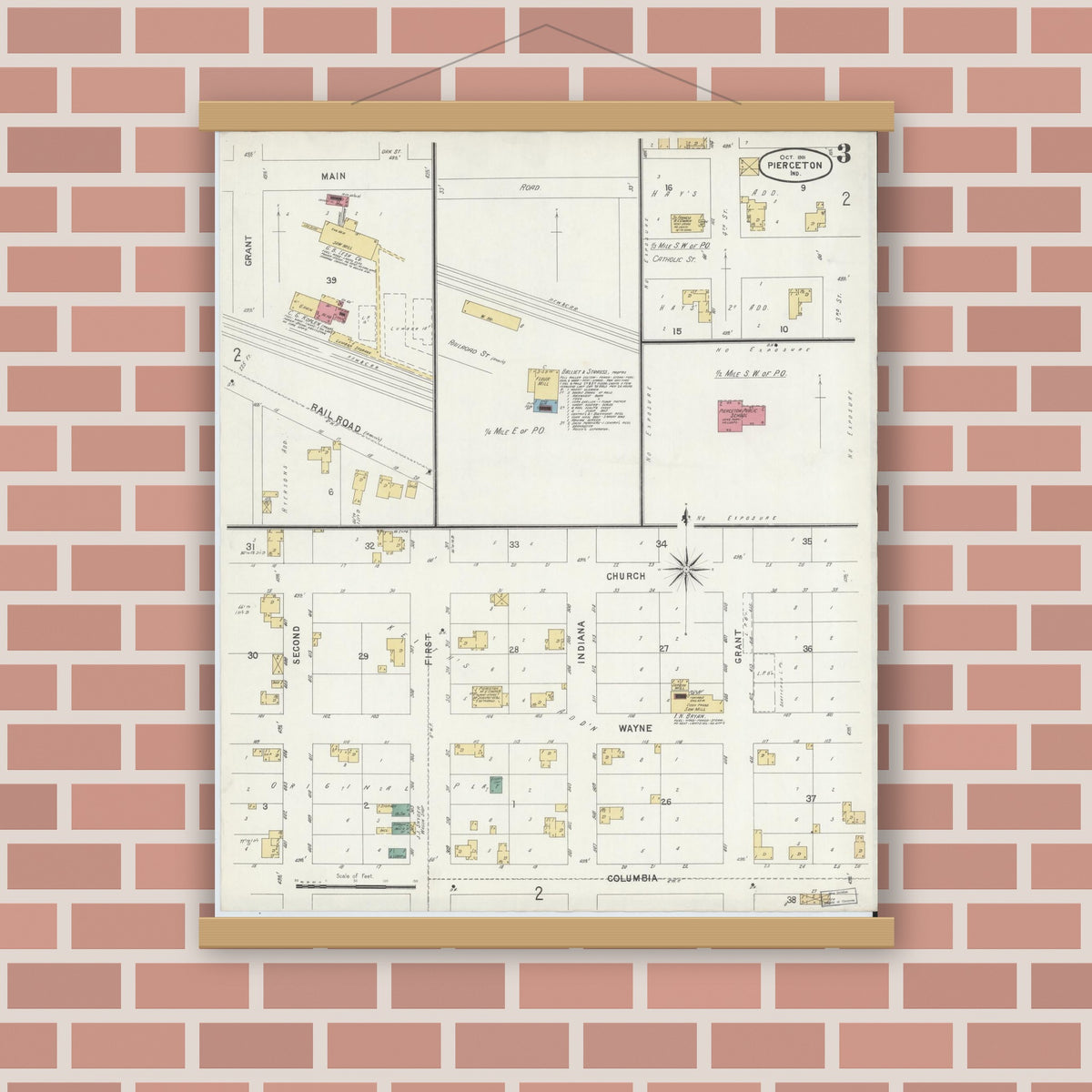 Old map wall art mockup — magnetic wood frame on brick wall — Sanborn Fire Insurance Map from Pierceton, Kosciusko County, Indiana (1901), Sheet #0003