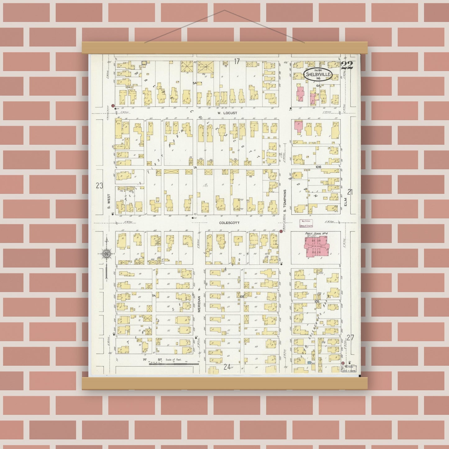 Old map wall art mockup — magnetic wood frame on brick wall — Sanborn Fire Insurance Map from Shelbyville, Shelby County, Indiana (1910), Sheet #0022