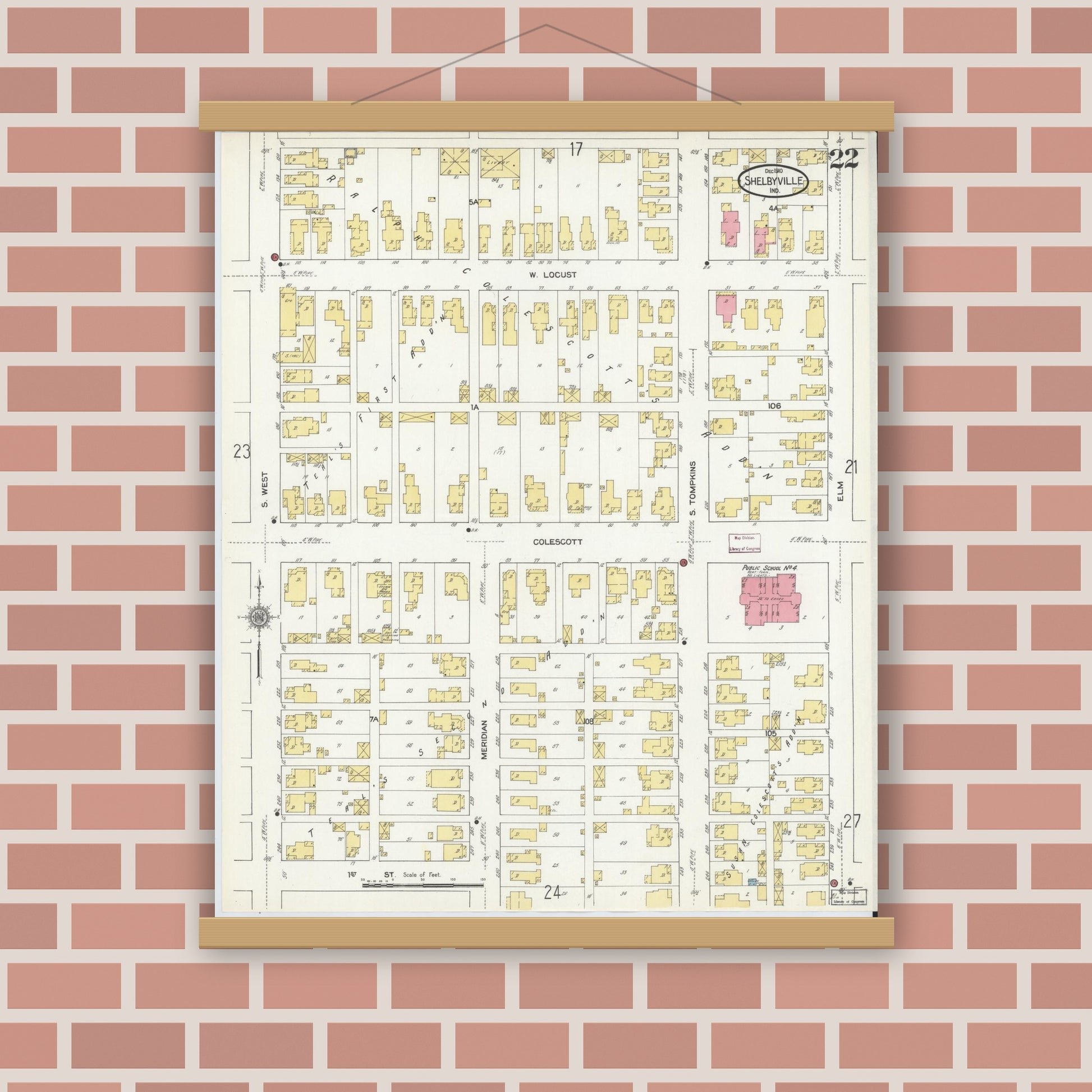 Old map wall art mockup — magnetic wood frame on brick wall — Sanborn Fire Insurance Map from Shelbyville, Shelby County, Indiana (1910), Sheet #0022