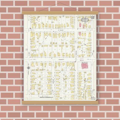 Old map wall art mockup — magnetic wood frame on brick wall — Sanborn Fire Insurance Map from Shelbyville, Shelby County, Indiana (1910), Sheet #0022