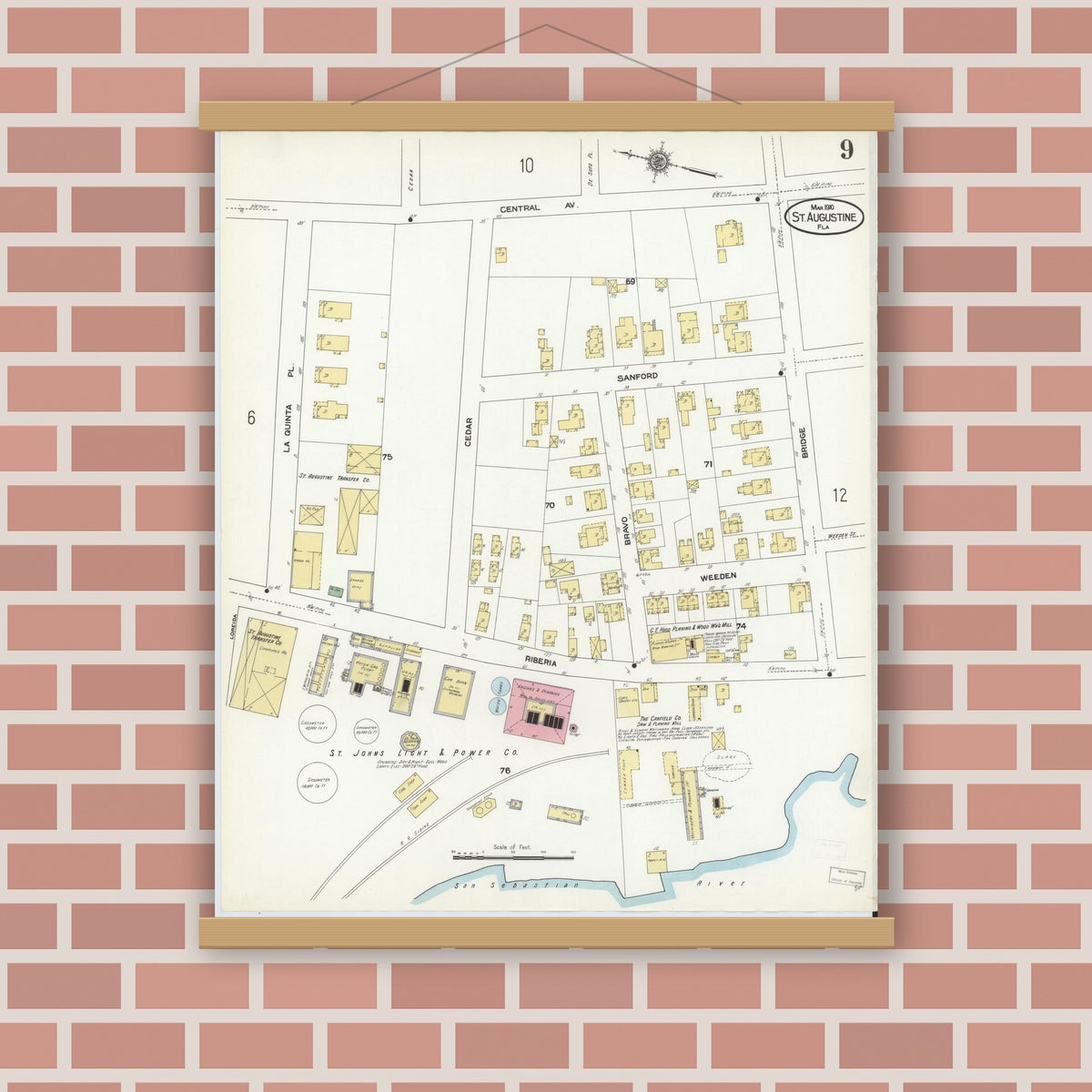 Old map wall art mockup — magnetic wood frame on brick wall — Sanborn Fire Insurance Map from Saint Augustine, Saint John's County, Florida (1910), Sheet #0009