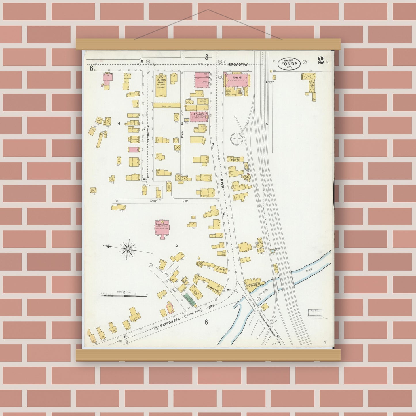 Old map wall art mockup — magnetic wood frame on brick wall — Sanborn Fire Insurance Map from Fonda, Montgomery County, New York (1901), Sheet #0002