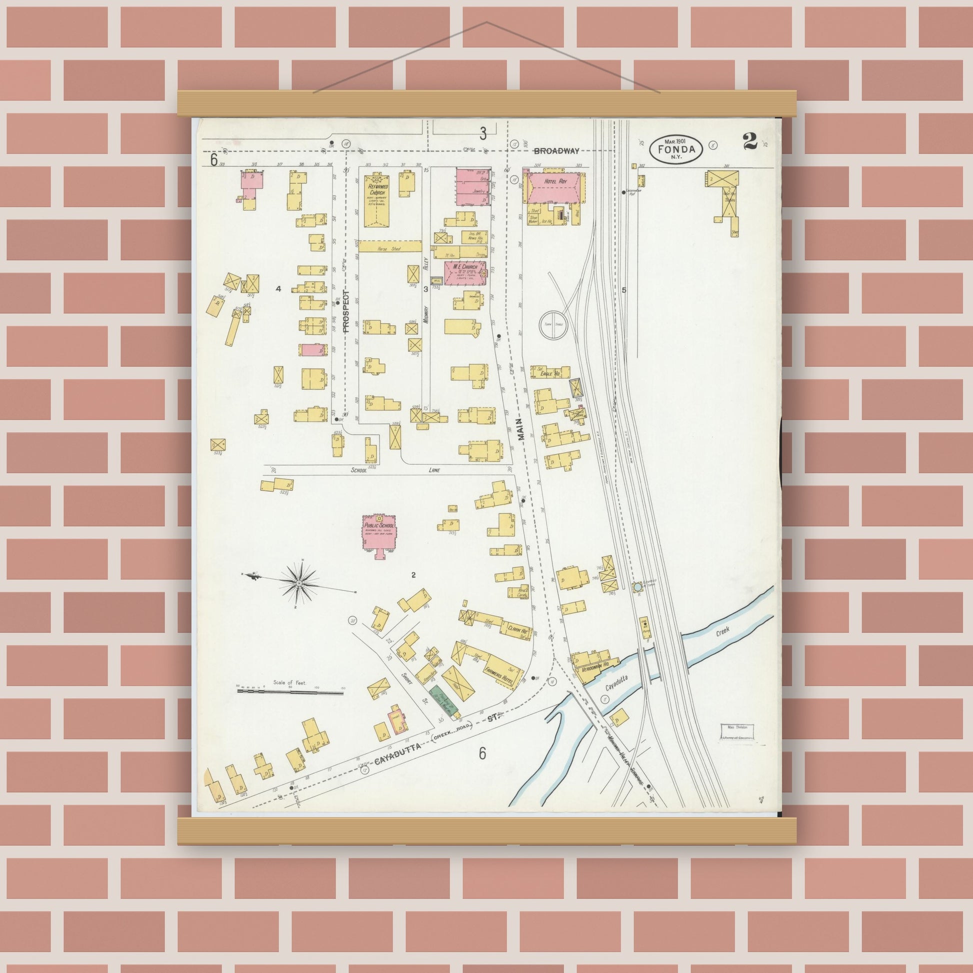 Old map wall art mockup — magnetic wood frame on brick wall — Sanborn Fire Insurance Map from Fonda, Montgomery County, New York (1901), Sheet #0002