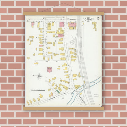 Old map wall art mockup — magnetic wood frame on brick wall — Sanborn Fire Insurance Map from Fonda, Montgomery County, New York (1901), Sheet #0002