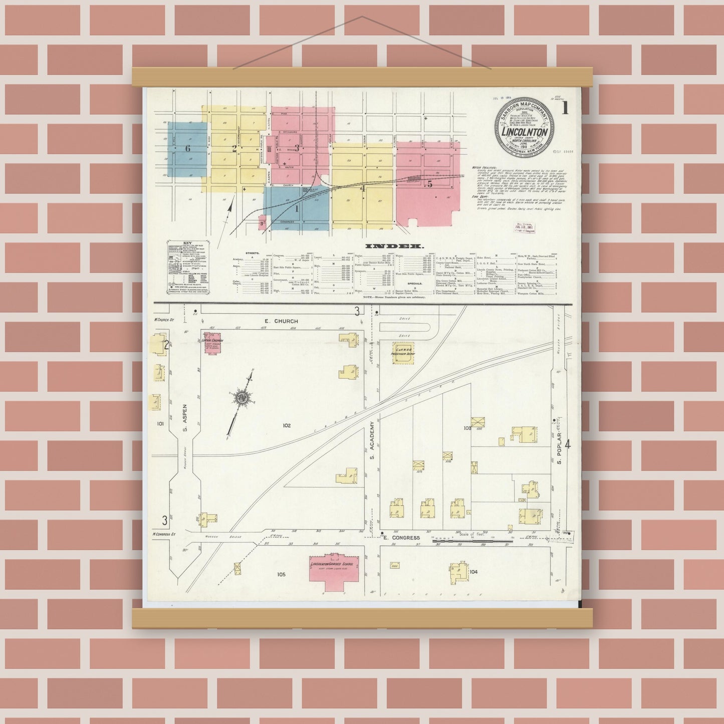 Old map wall art mockup — magnetic wood frame on brick wall — Sanborn Fire Insurance Map from Lincolnton, Lincoln County, North Carolina (1911), Sheet #0001