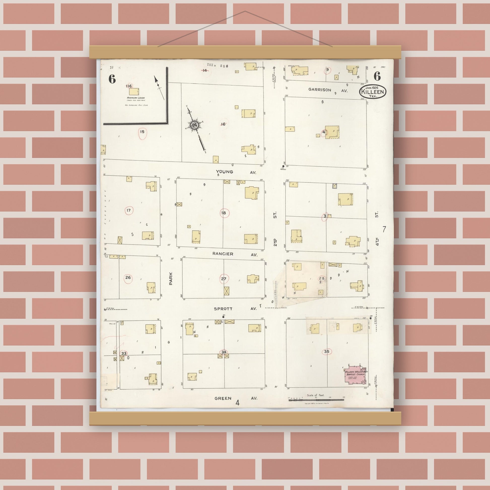 Old map wall art mockup — magnetic wood frame on brick wall — Sanborn Fire Insurance Map from Killeen, Bell County, Texas (1937), Sheet #0006