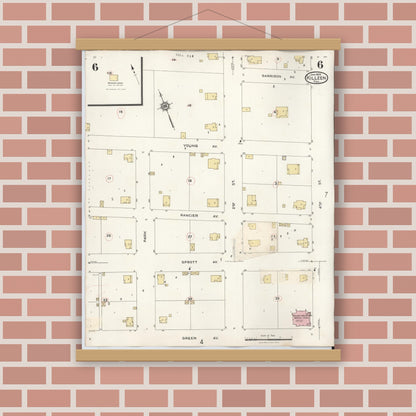 Old map wall art mockup — magnetic wood frame on brick wall — Sanborn Fire Insurance Map from Killeen, Bell County, Texas (1937), Sheet #0006