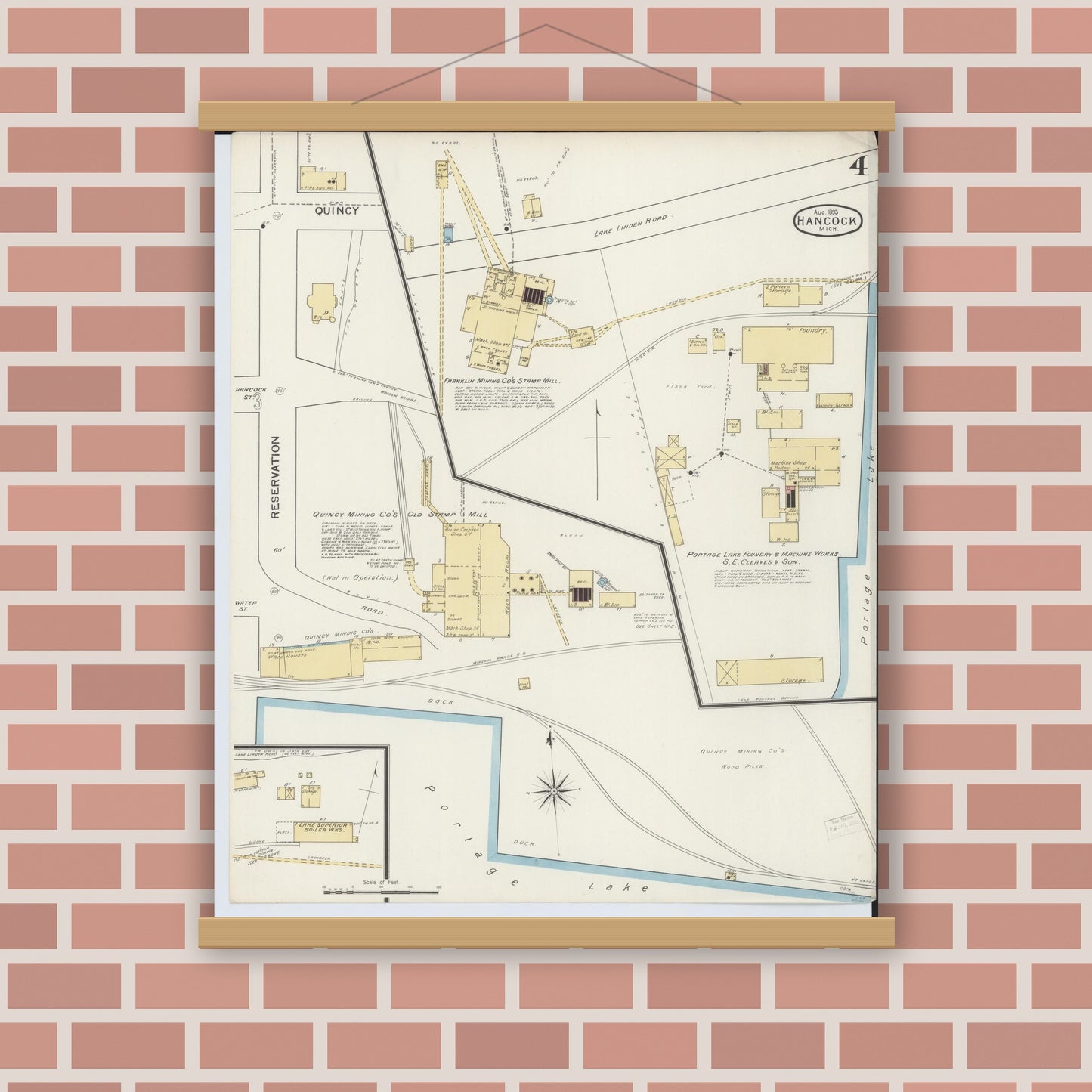 Old map wall art mockup — magnetic wood frame on brick wall — Sanborn Fire Insurance Map from Houghton, Houghton County, Michigan (1893), Sheet #0004