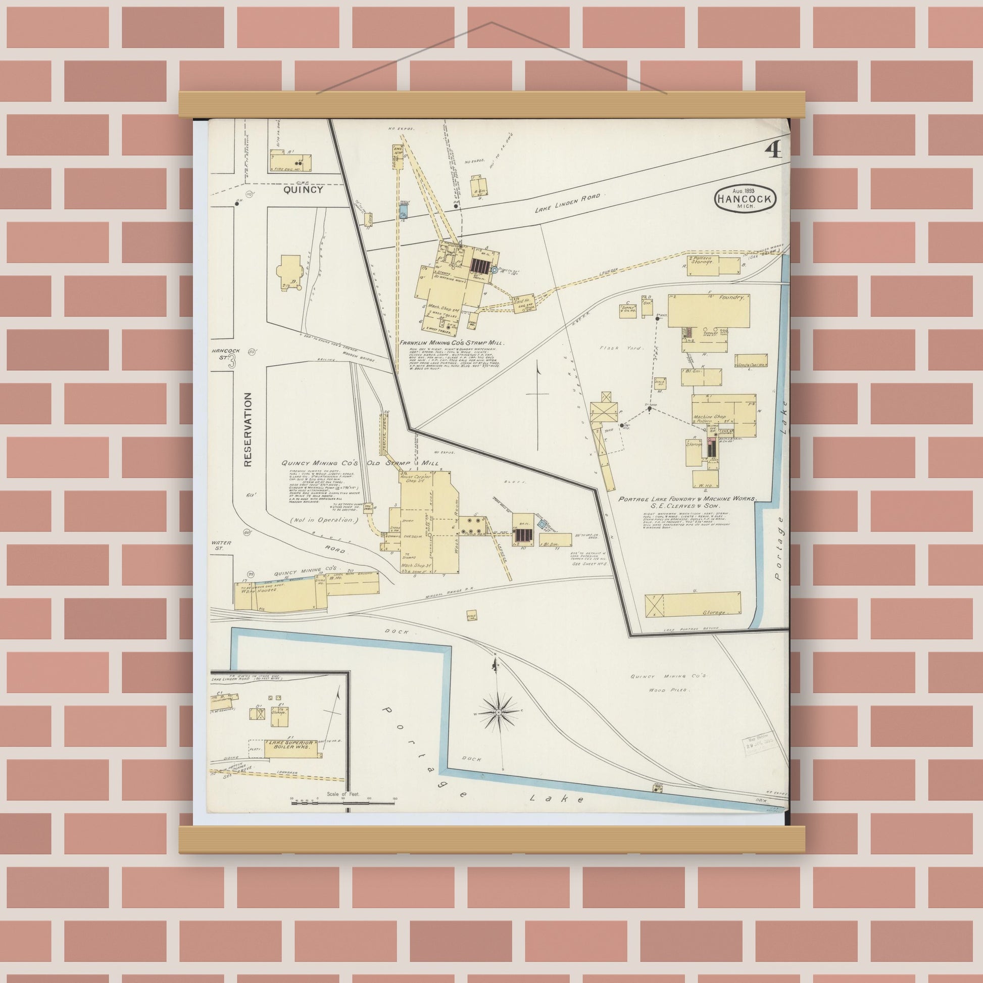 Old map wall art mockup — magnetic wood frame on brick wall — Sanborn Fire Insurance Map from Houghton, Houghton County, Michigan (1893), Sheet #0004