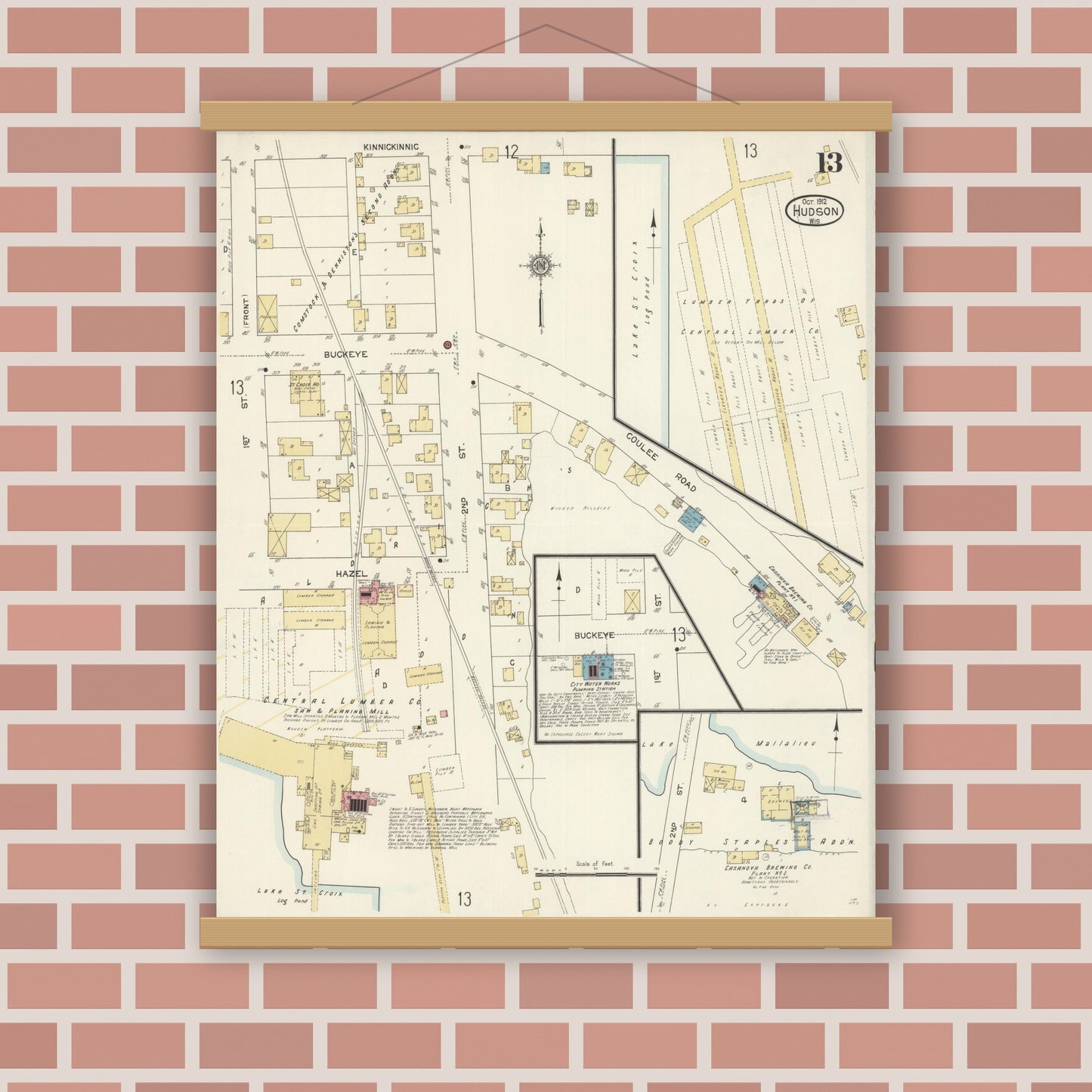 Old map wall art mockup — magnetic wood frame on brick wall — Sanborn Fire Insurance Map from Hudson, St. Croix County, Wisconsin (1912), Sheet #0013