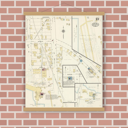 Old map wall art mockup — magnetic wood frame on brick wall — Sanborn Fire Insurance Map from Hudson, St. Croix County, Wisconsin (1912), Sheet #0013
