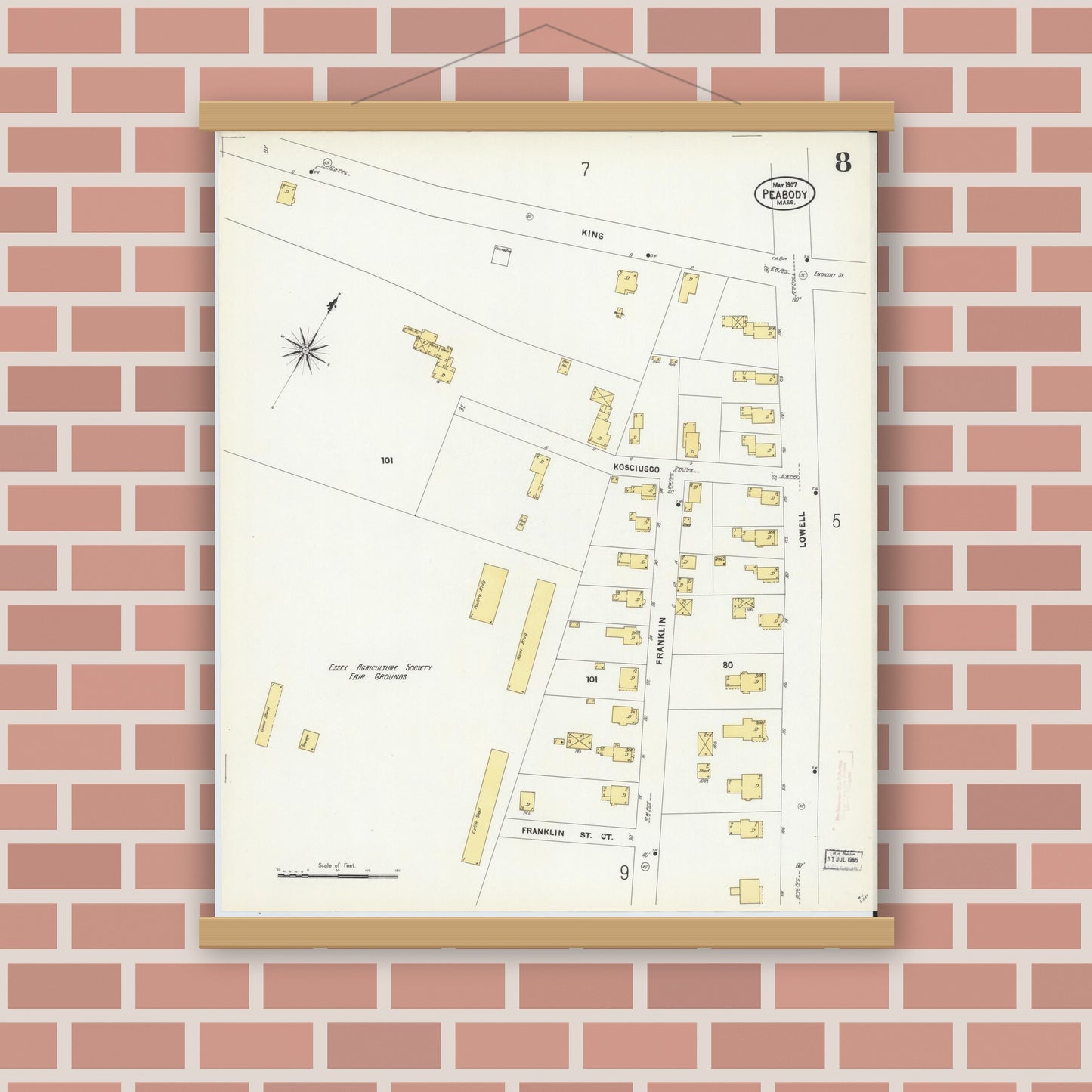 Old map wall art mockup — magnetic wood frame on brick wall — Sanborn Fire Insurance Map from Peabody, Essex County, Massachusetts (1907), Sheet #0008